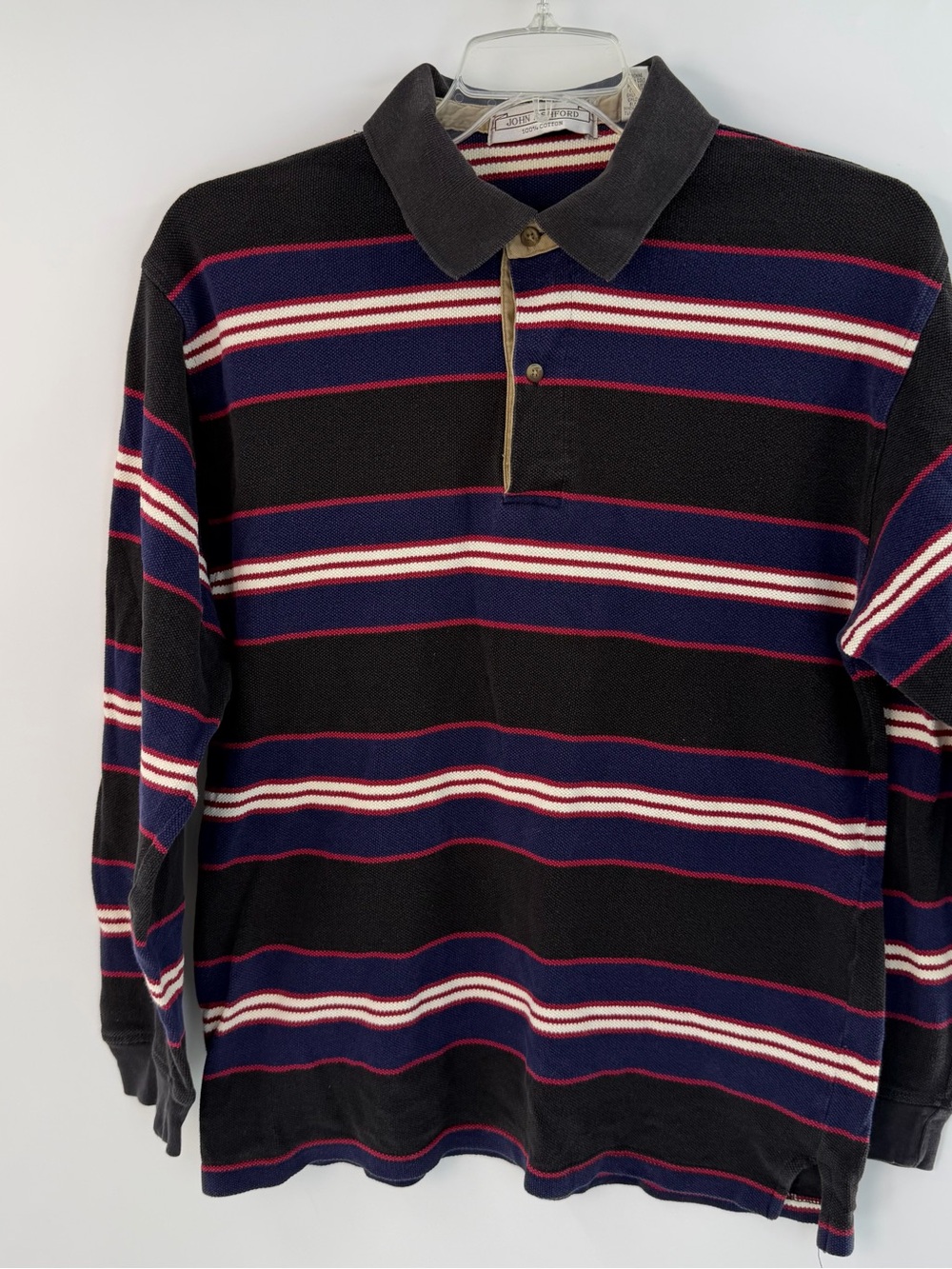 Vintage John Ashford Rugby Polo Shirt Mens Large Striped Long Sleeve Cotton